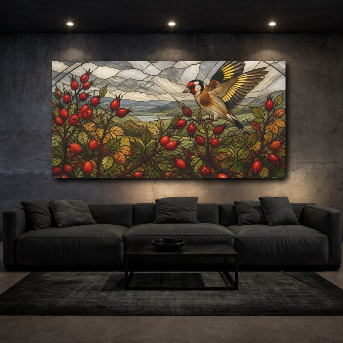 Mockup 3. Nature Goldfinch On Rosehips shown as canvas print