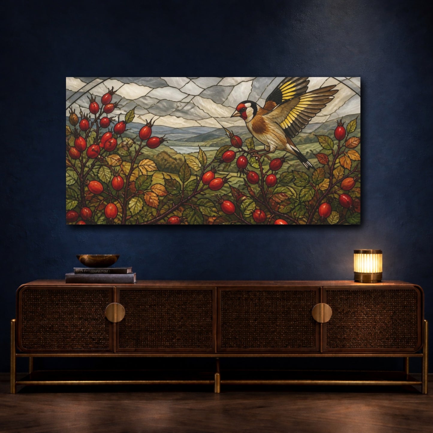 Mockup 4. Nature Goldfinch On Rosehips shown as canvas print