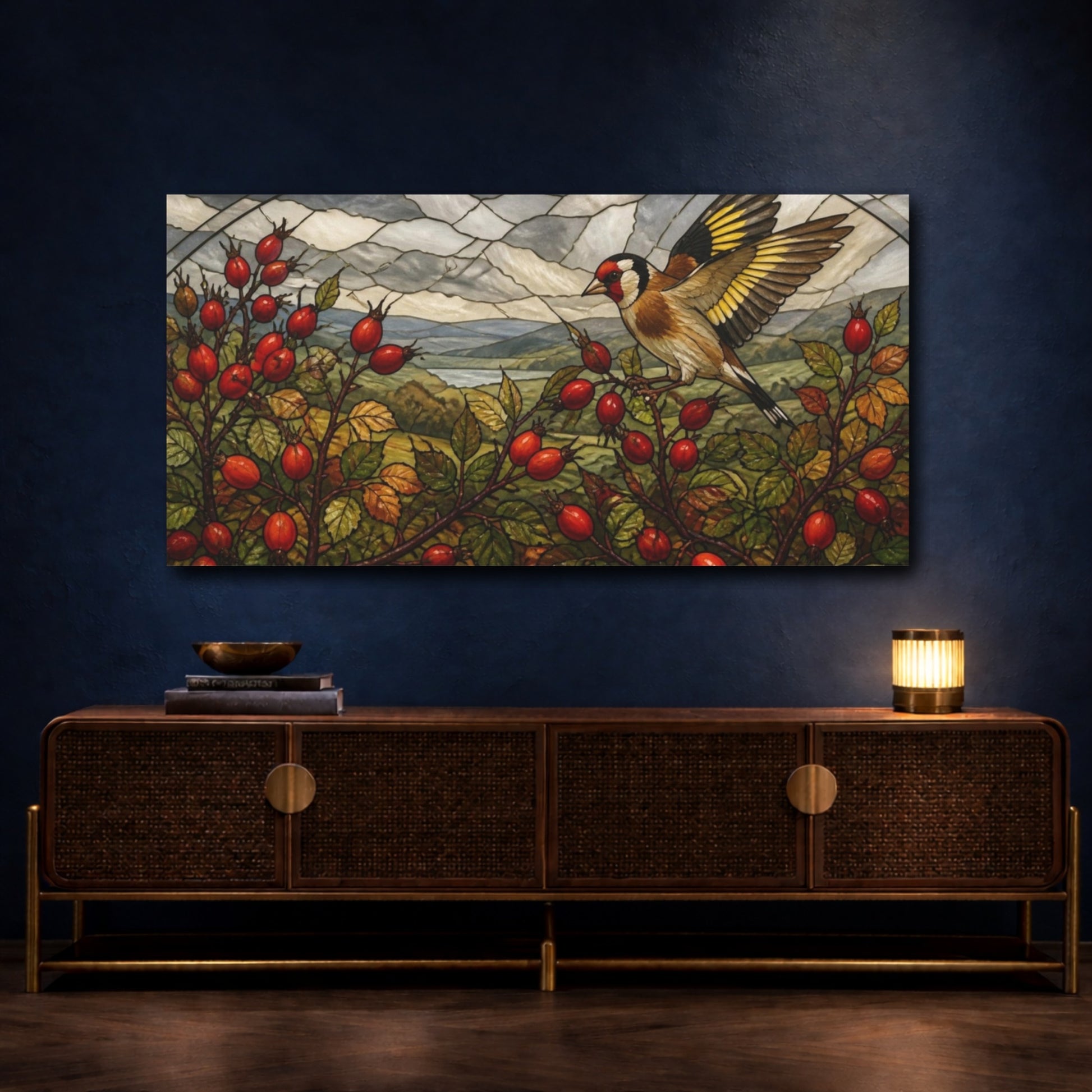 Mockup 4. Nature Goldfinch On Rosehips shown as canvas print