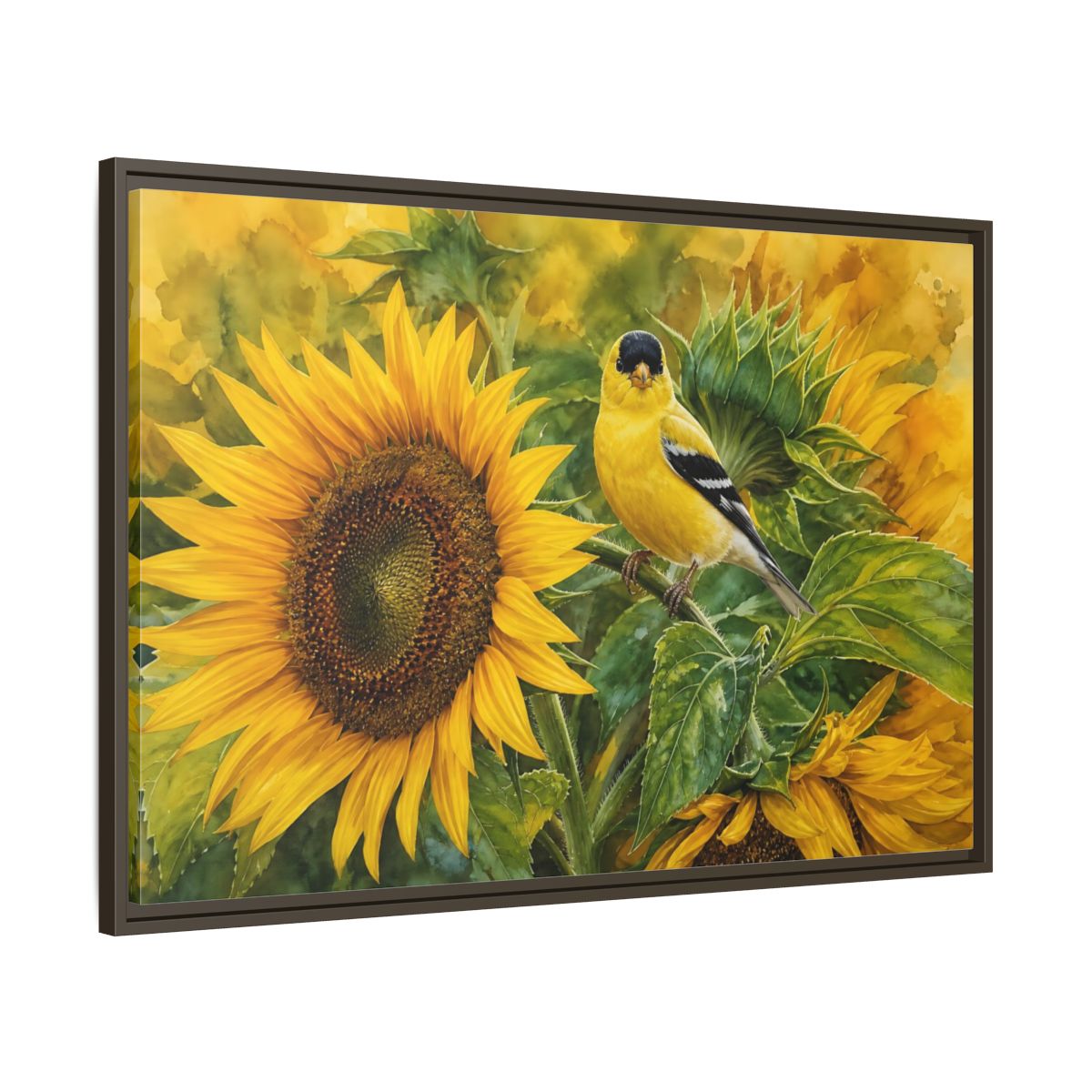 Main Mockup. Nature Goldfinch Yellow And Green shown as stretched canvas wall art