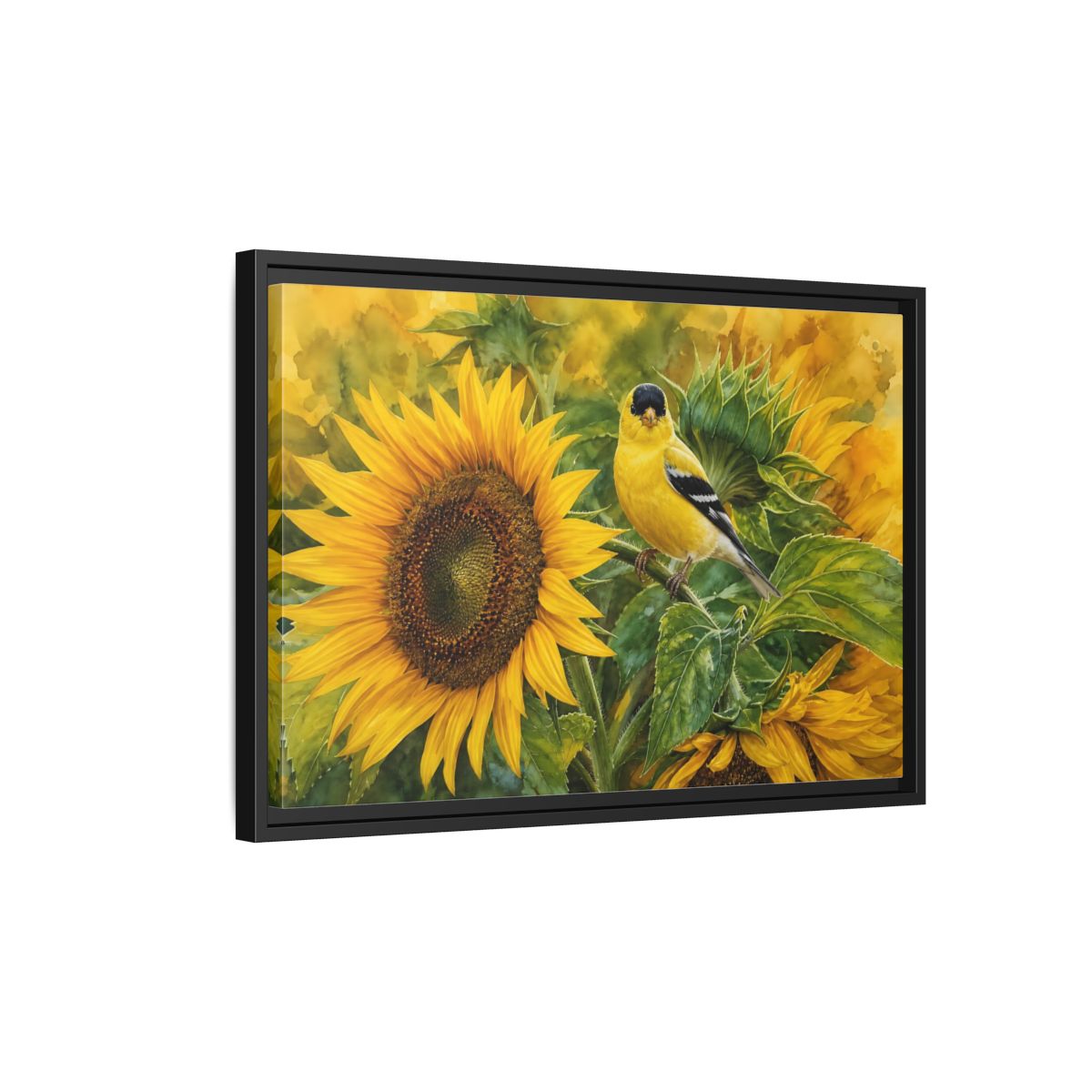 Side Mockup 3. Nature Goldfinch Yellow And Green shown as stretched canvas wall art