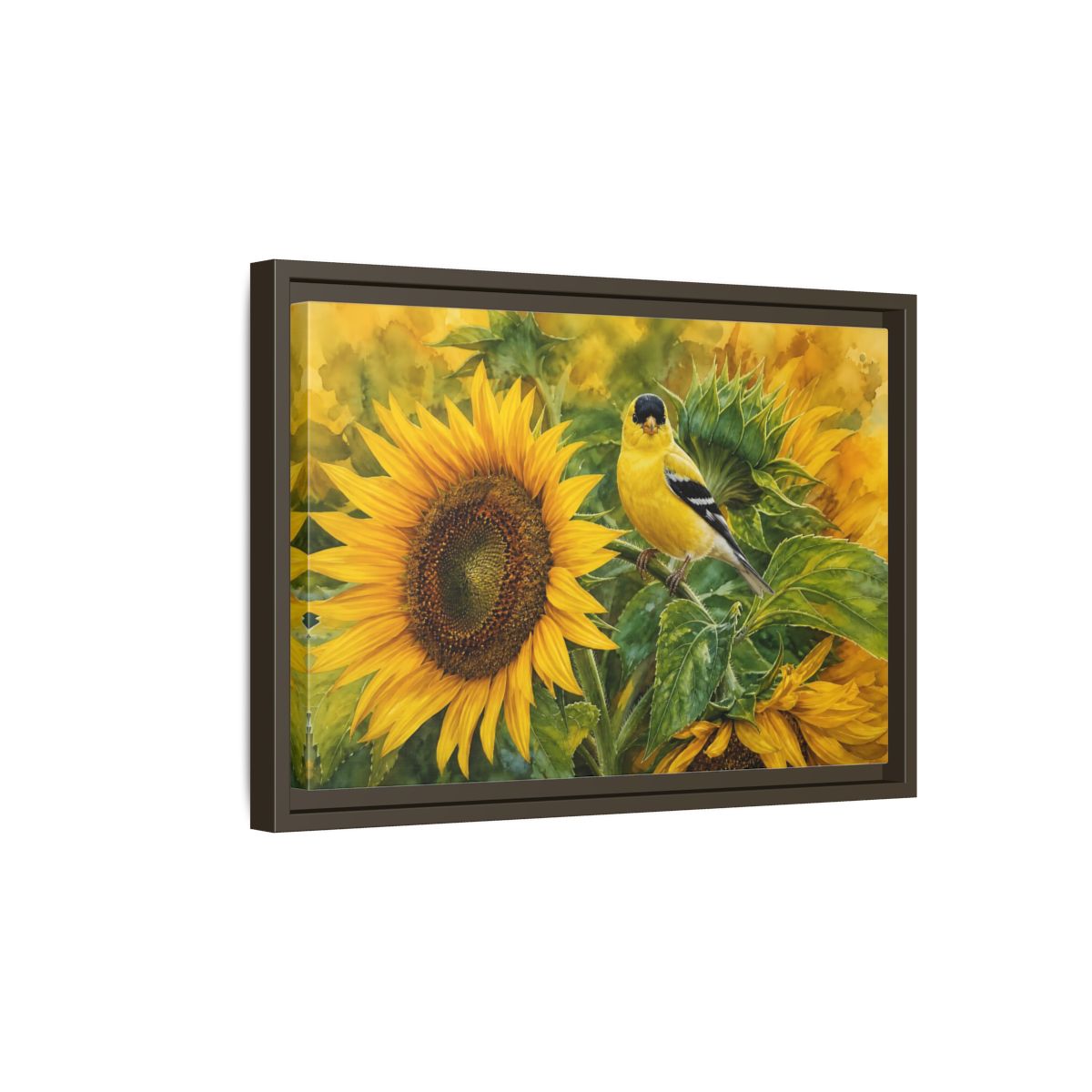 Side Mockup 5. Nature Goldfinch Yellow And Green shown as stretched canvas wall art
