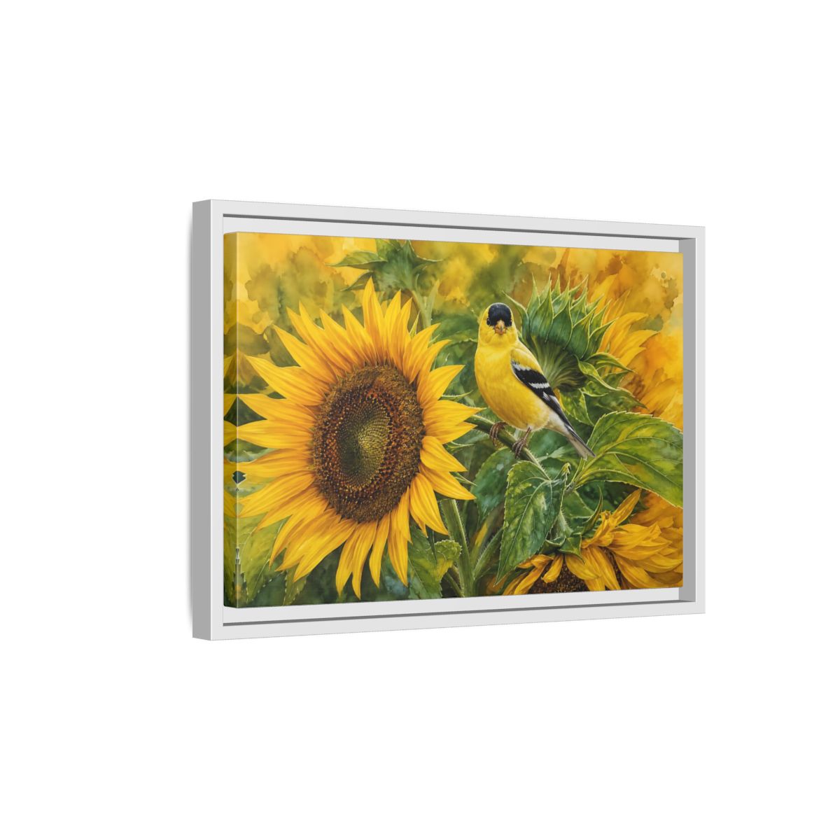Side Mockup 4. Nature Goldfinch Yellow And Green shown as stretched canvas wall art
