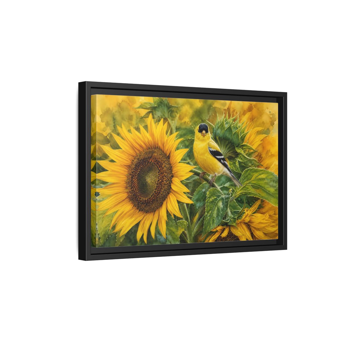 Side Mockup 6. Nature Goldfinch Yellow And Green shown as stretched canvas wall art