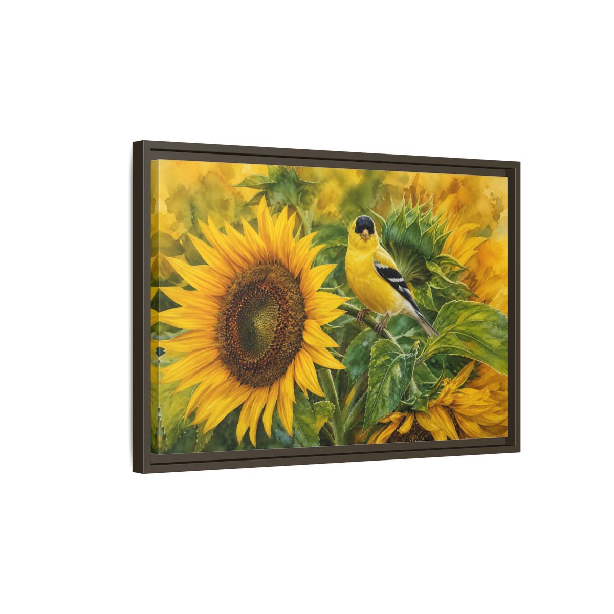 Side Mockup 2. Nature Goldfinch Yellow And Green shown as stretched canvas wall art