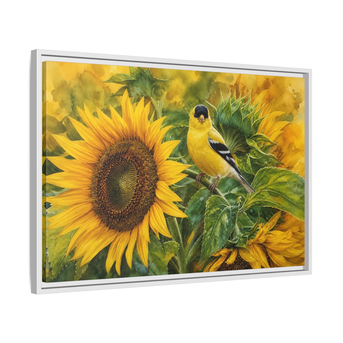 Side Mockup 10. Nature Goldfinch Yellow And Green shown as stretched canvas wall art