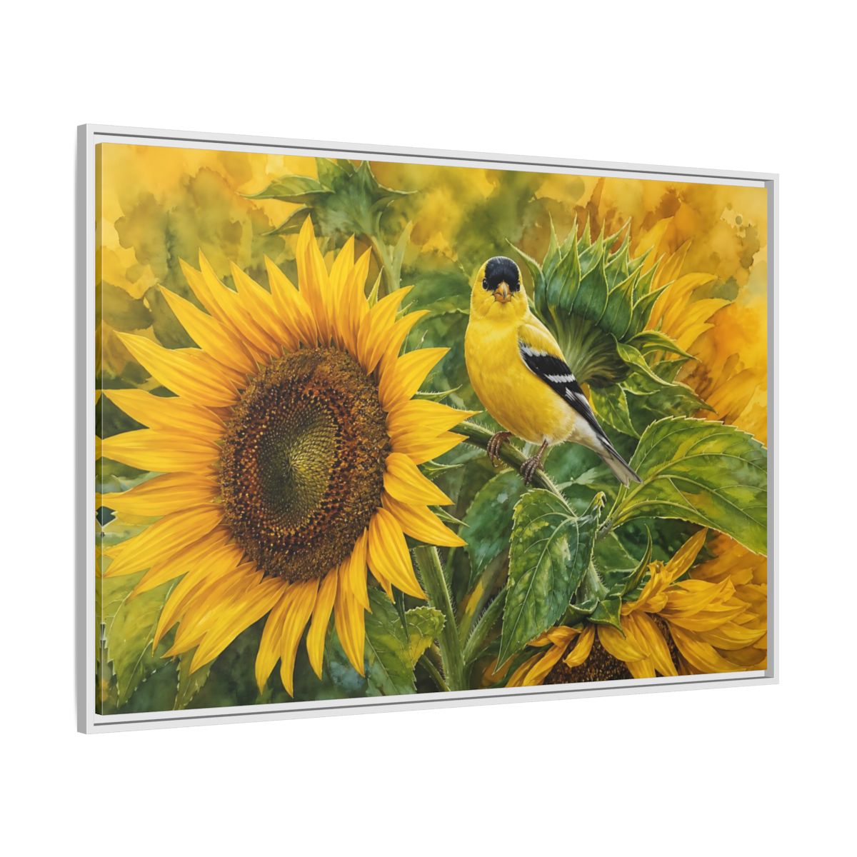 Side Mockup 7. Nature Goldfinch Yellow And Green shown as stretched canvas wall art