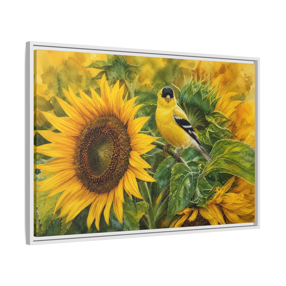 Side Mockup 9. Nature Goldfinch Yellow And Green shown as stretched canvas wall art