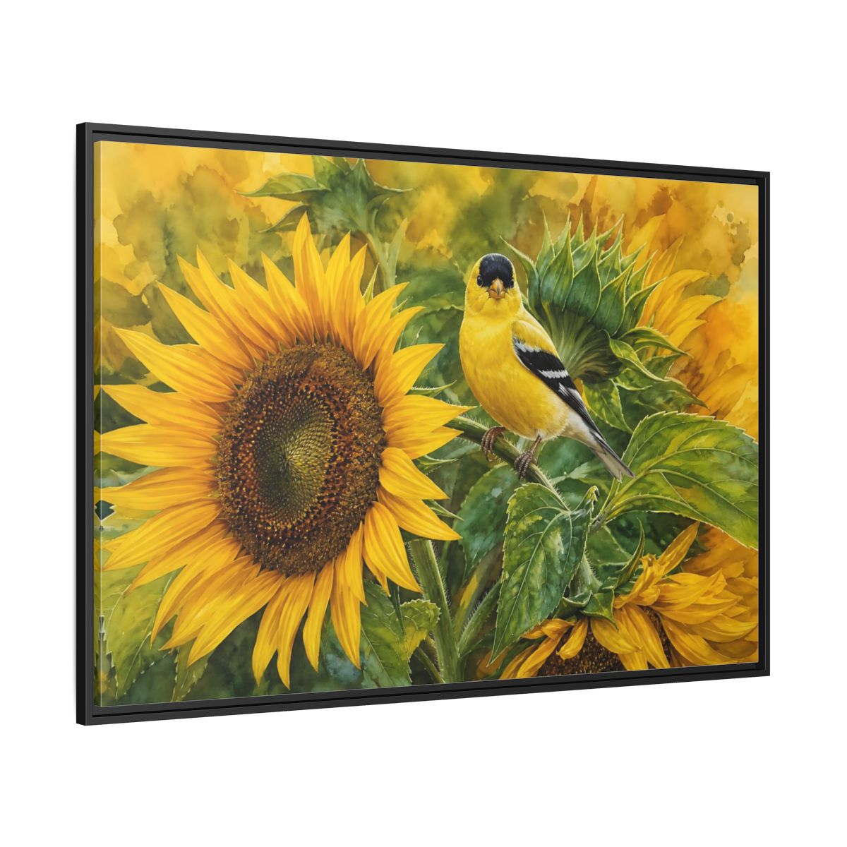 Side Mockup 12. Nature Goldfinch Yellow And Green shown as stretched canvas wall art