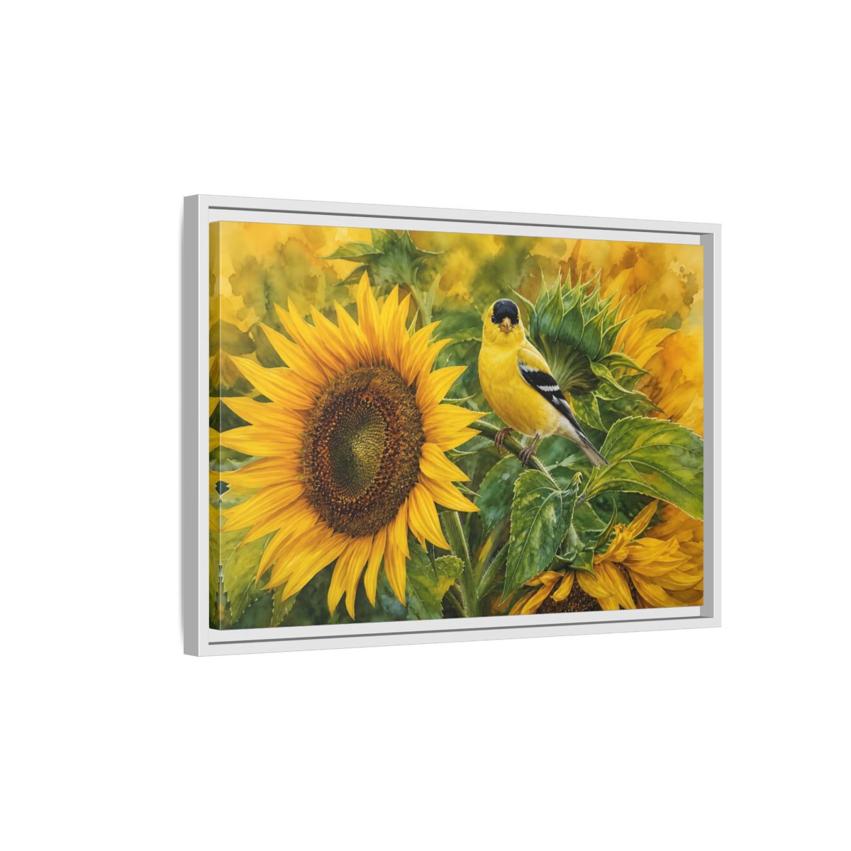 Side Mockup 1. Nature Goldfinch Yellow And Green shown as stretched canvas wall art