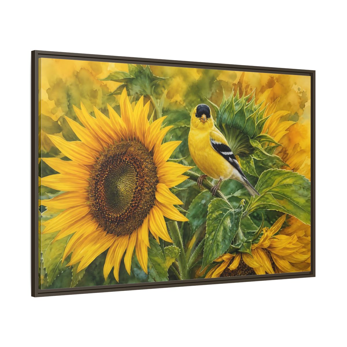 Side Mockup 8. Nature Goldfinch Yellow And Green shown as stretched canvas wall art