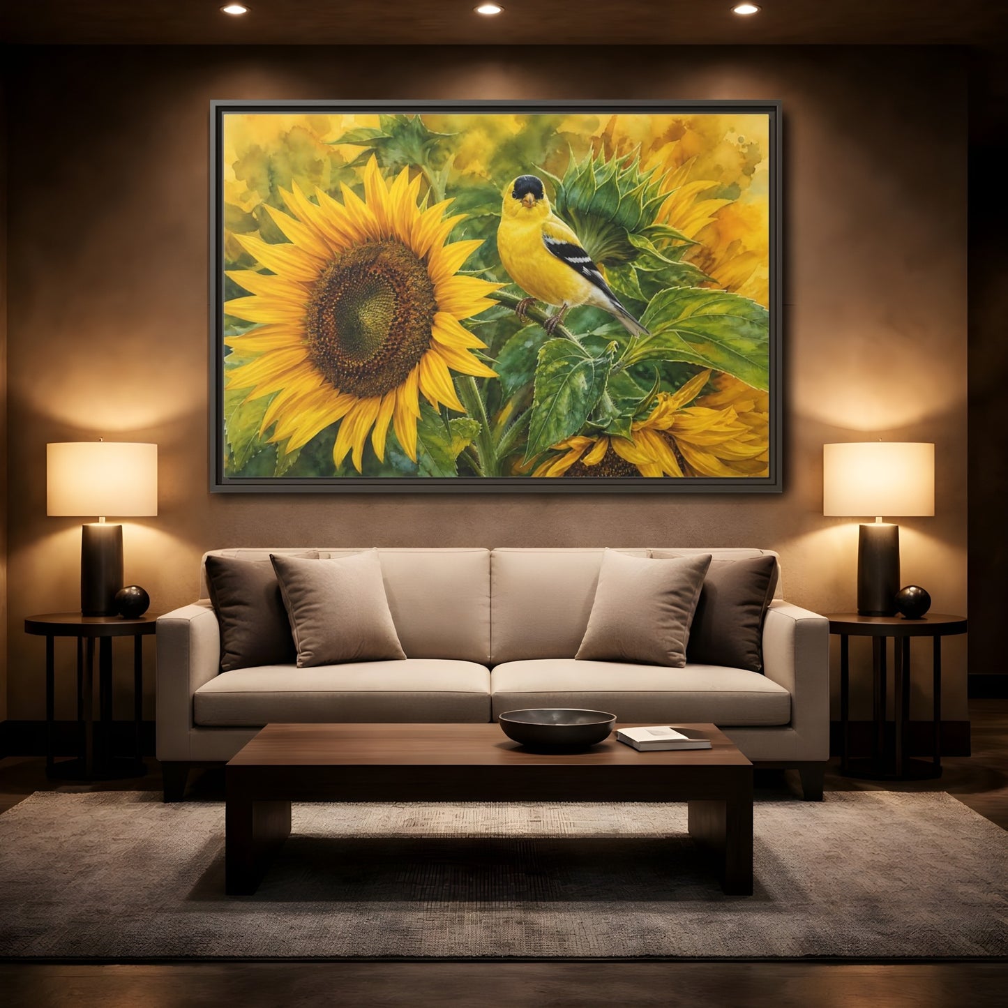 Mockup 2. Nature Goldfinch Yellow And Green shown as stretched canvas wall art
