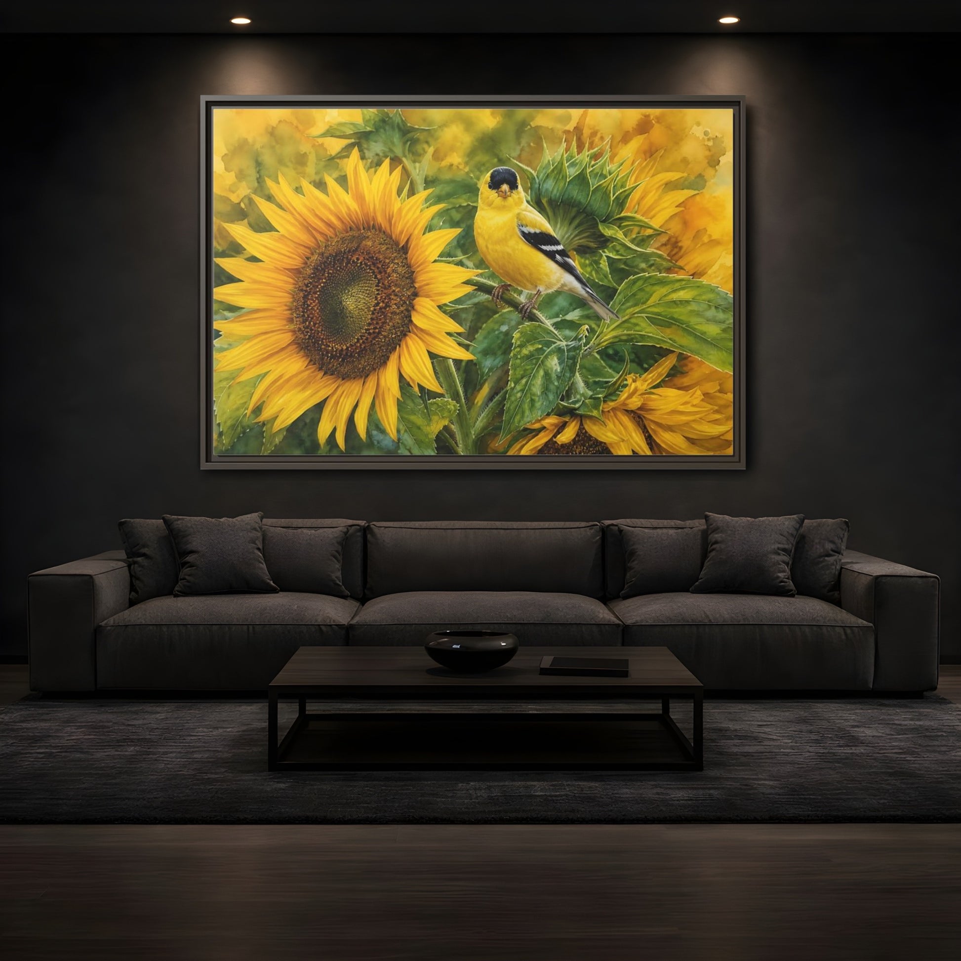 Mockup 3. Nature Goldfinch Yellow And Green shown as stretched canvas wall art