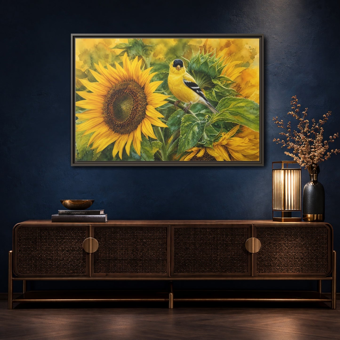 Mockup 4. Nature Goldfinch Yellow And Green shown as stretched canvas wall art