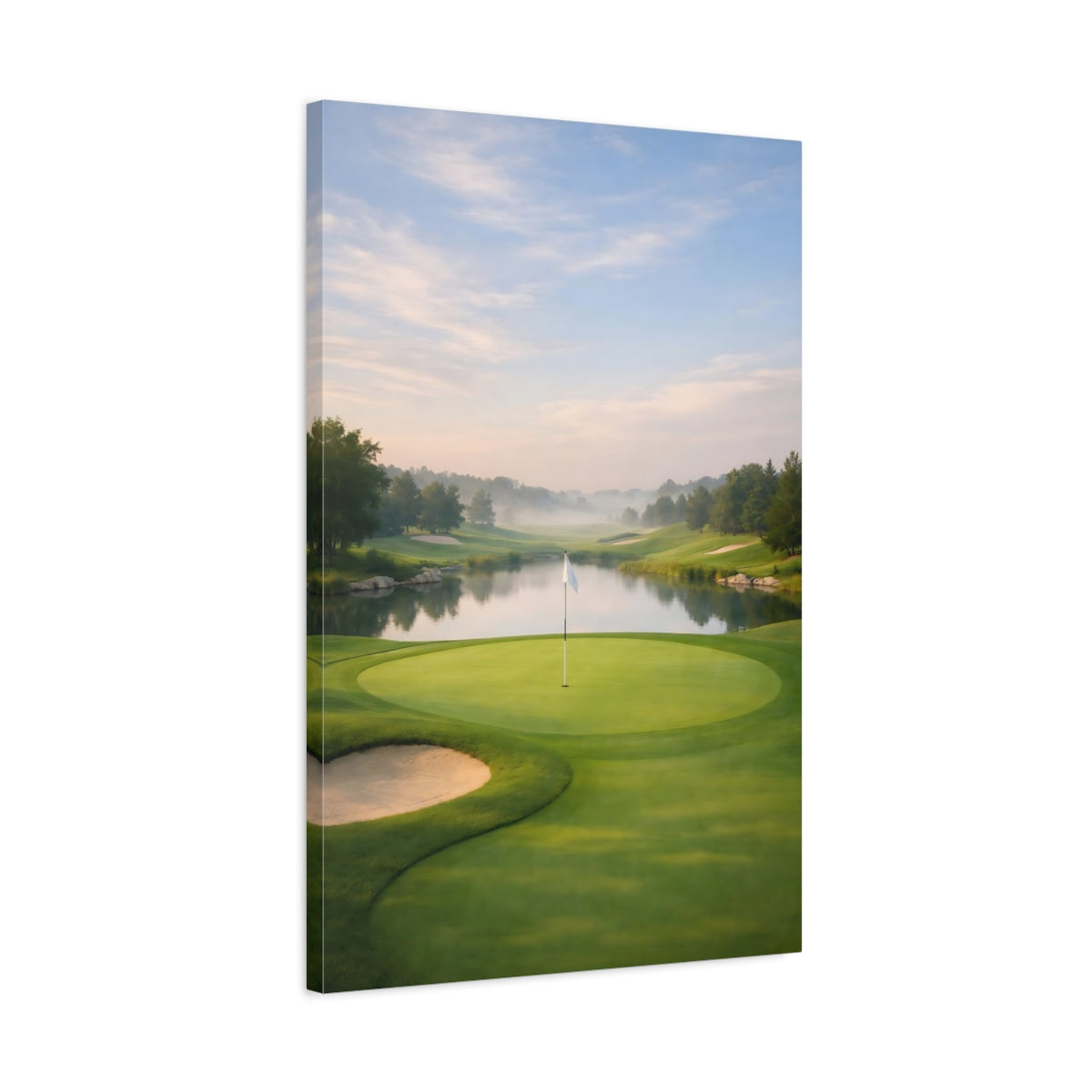 Side Mockup 2. Nature Golf Course Misty Golf Course shown as stretched canvas wall art
