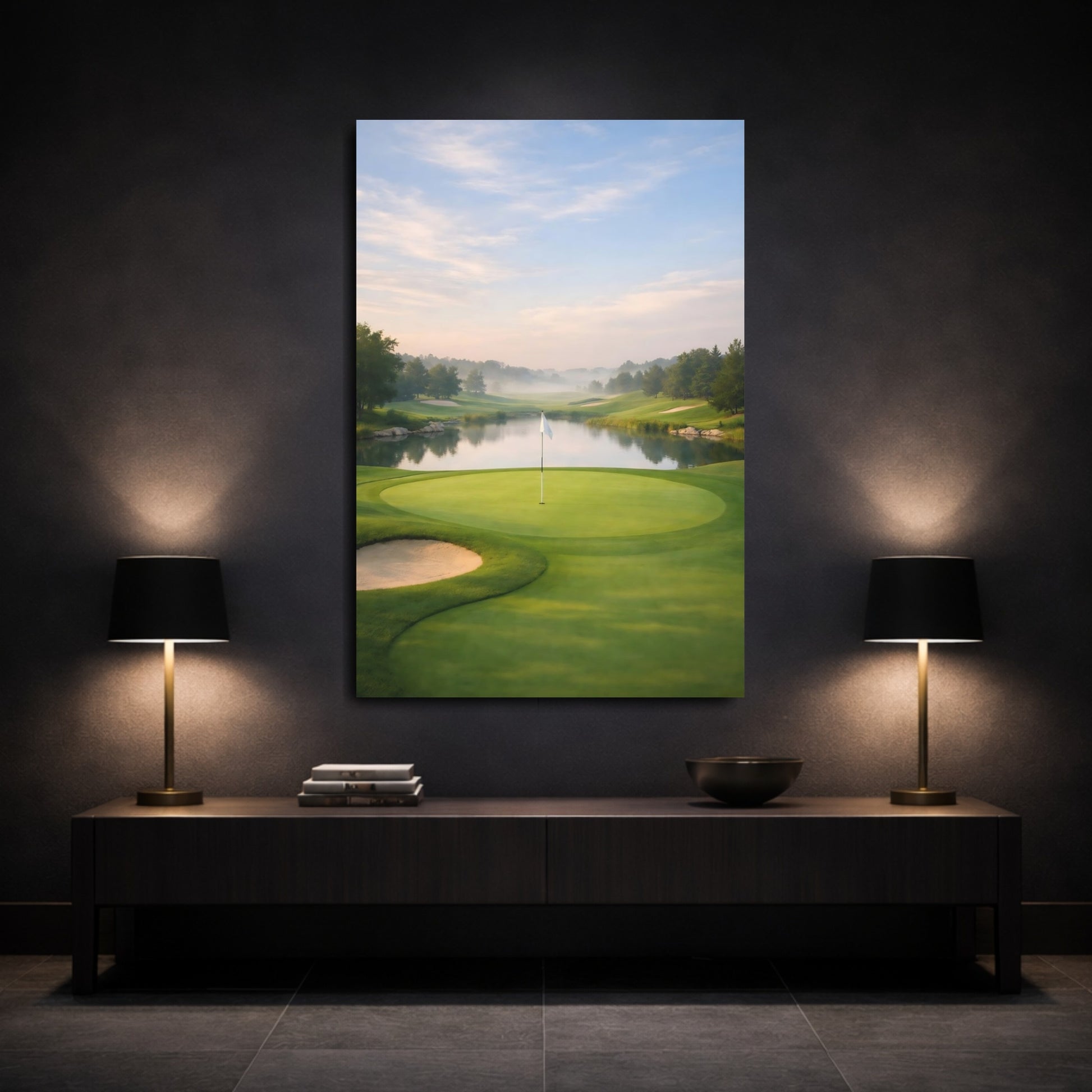 Mockup 2. Nature Golf Course Misty Golf Course shown as stretched canvas wall art