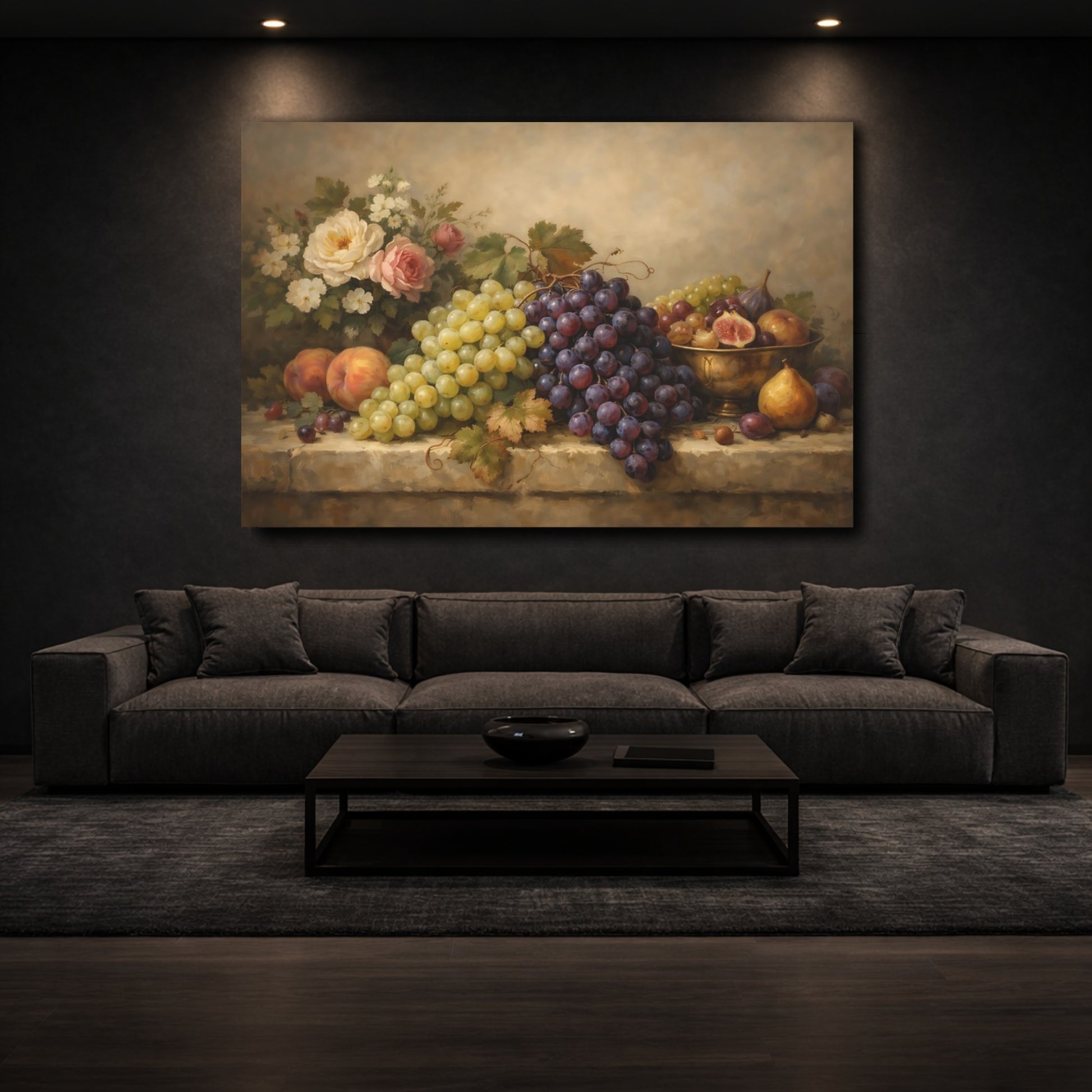 Mockup 2. Nature Grapes Still Life Fruit shown as stretched canvas wall art