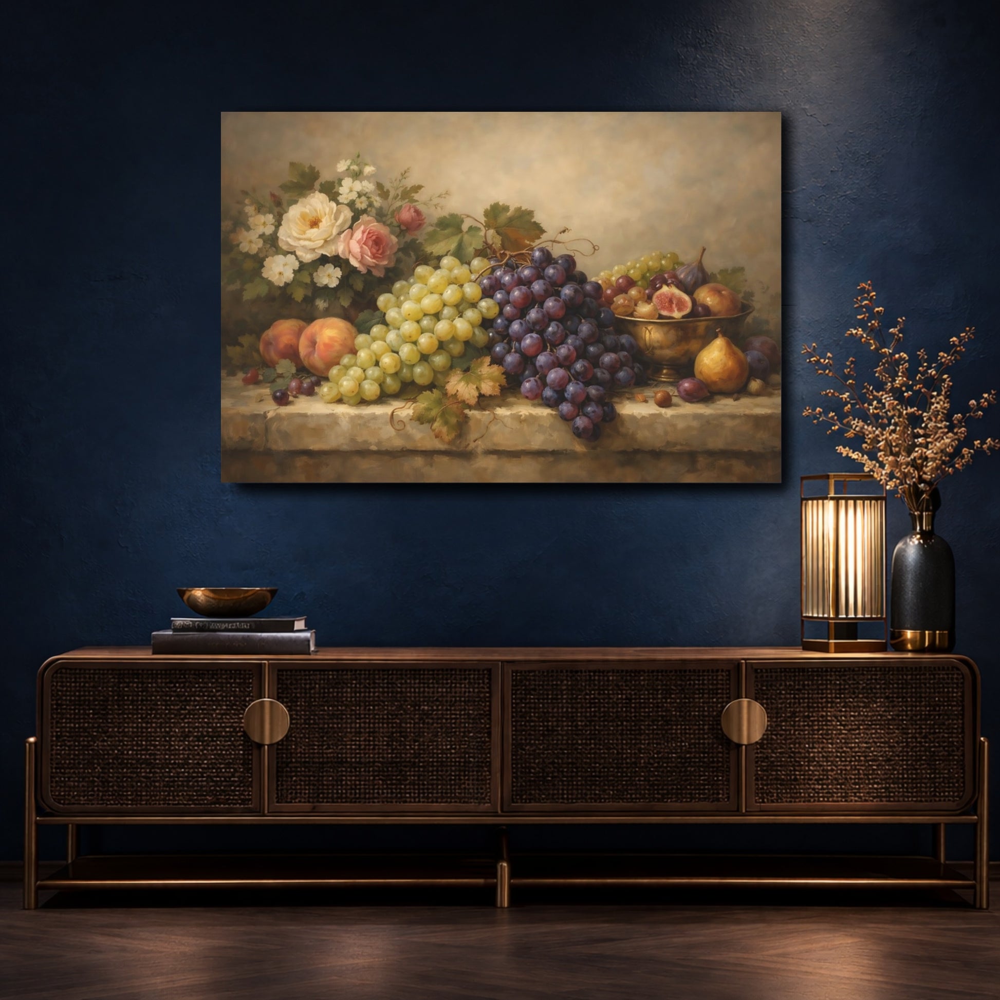 Mockup 4. Nature Grapes Still Life Fruit shown as stretched canvas wall art