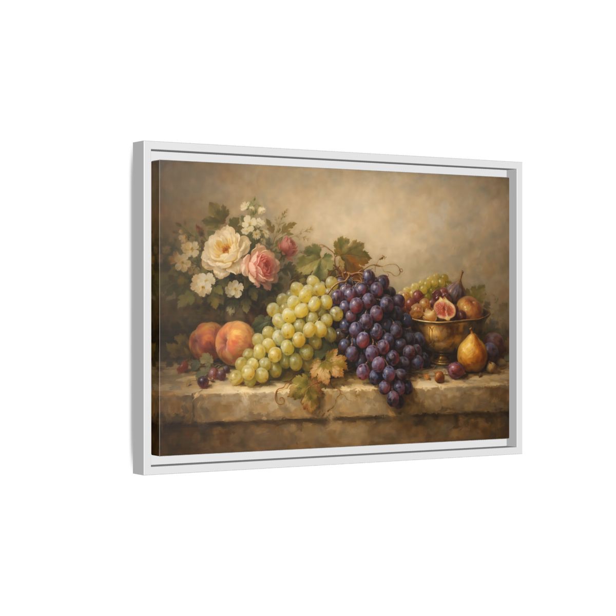 Side Mockup 1. Nature Grapes Vintage Fruit Still Life shown as stretched canvas wall art
