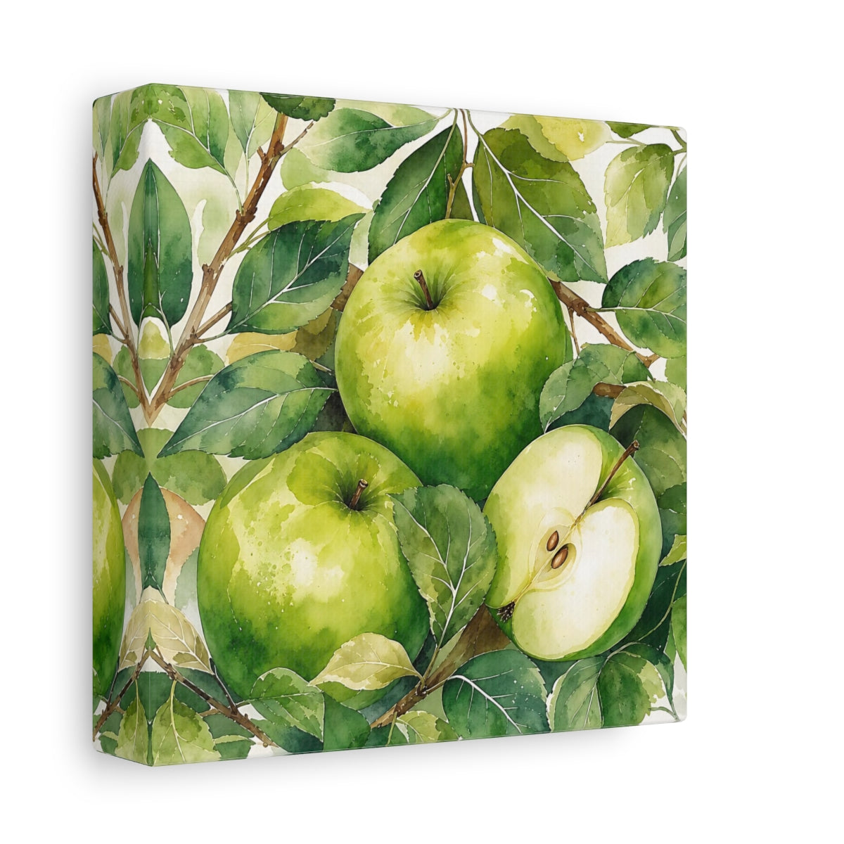 Side Mockup 2. Nature Green Apples Green Apples shown as stretched canvas wall art