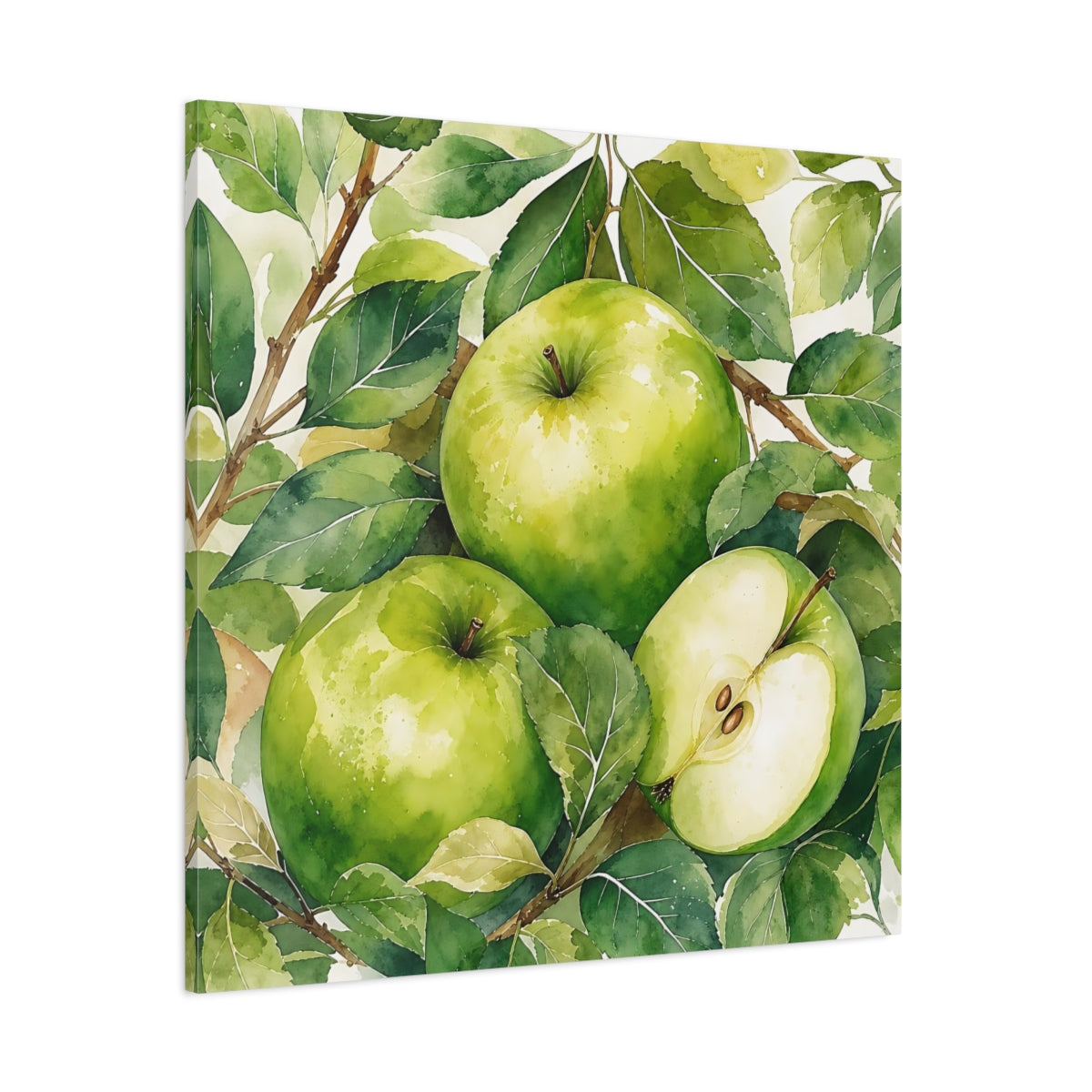 Side Mockup 1. Nature Green Apples Green Apples shown as stretched canvas wall art