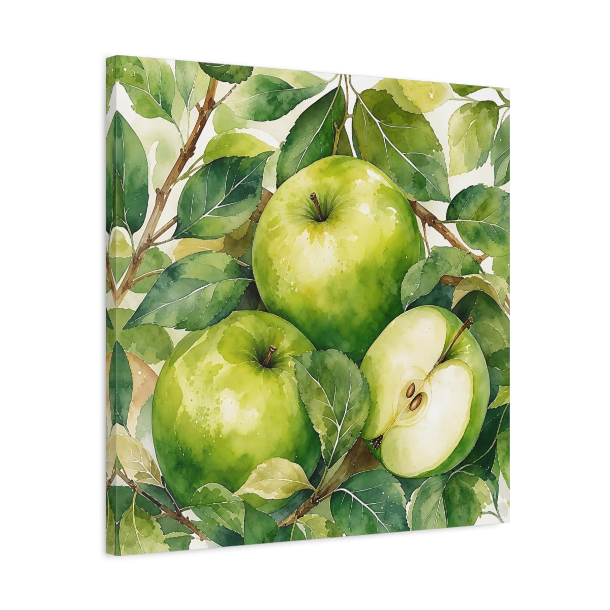 Side Mockup 4. Nature Green Apples Green Apples shown as stretched canvas wall art