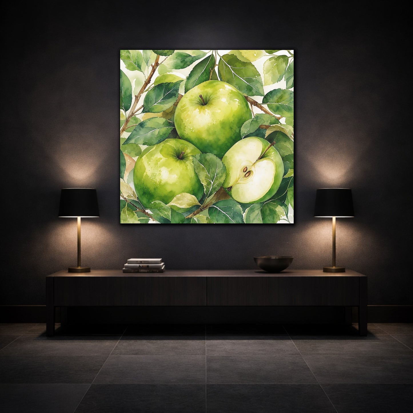 Mockup 3. Nature Green Apples Green Apples shown as stretched canvas wall art