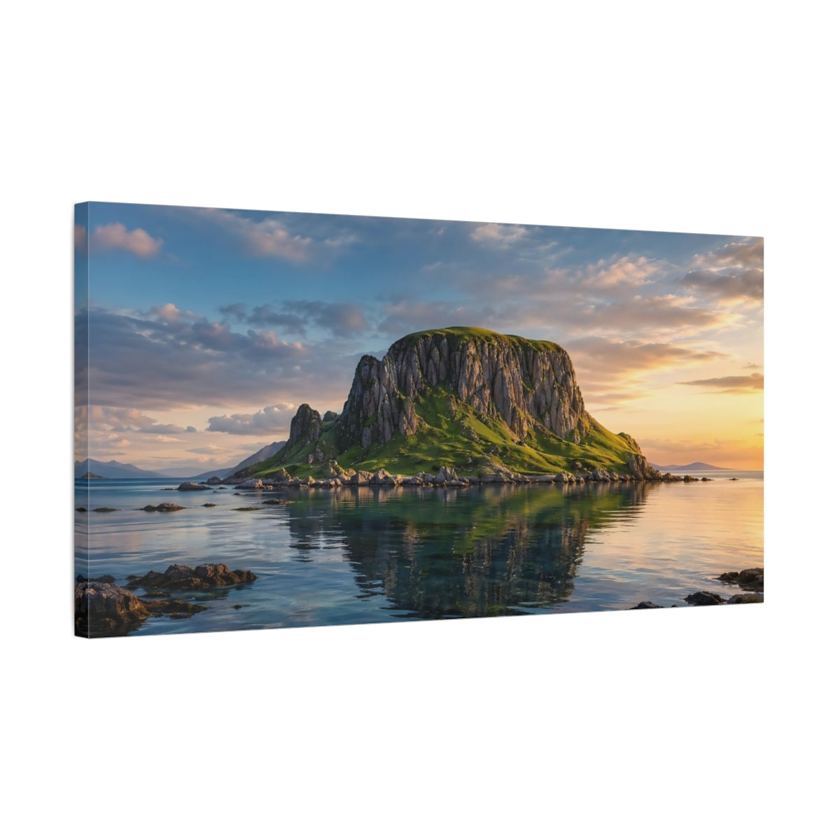 Side Mockup 1. Nature Green Island Green Blue Landscape shown as stretched canvas wall art