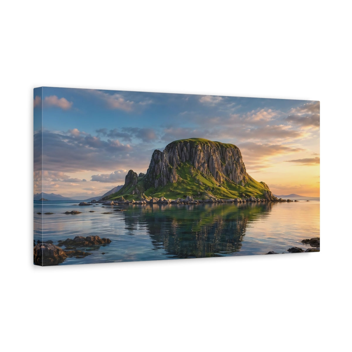 Side Mockup 3. Nature Green Island Green Blue Landscape shown as stretched canvas wall art
