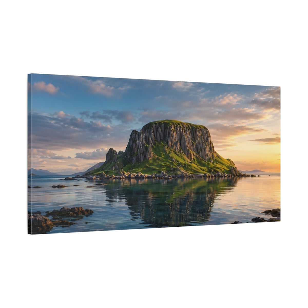 Main Mockup. Nature Green Island Green Blue Landscape shown as stretched canvas wall art