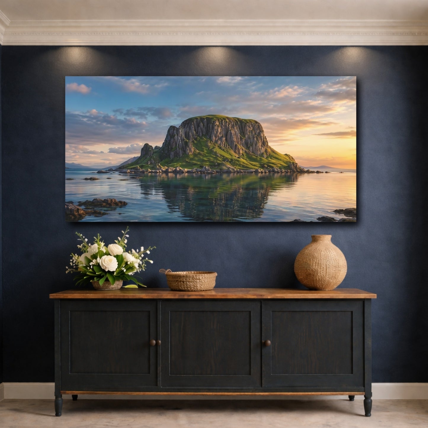 Mockup 4. Nature Green Island Green Blue Landscape shown as stretched canvas wall art