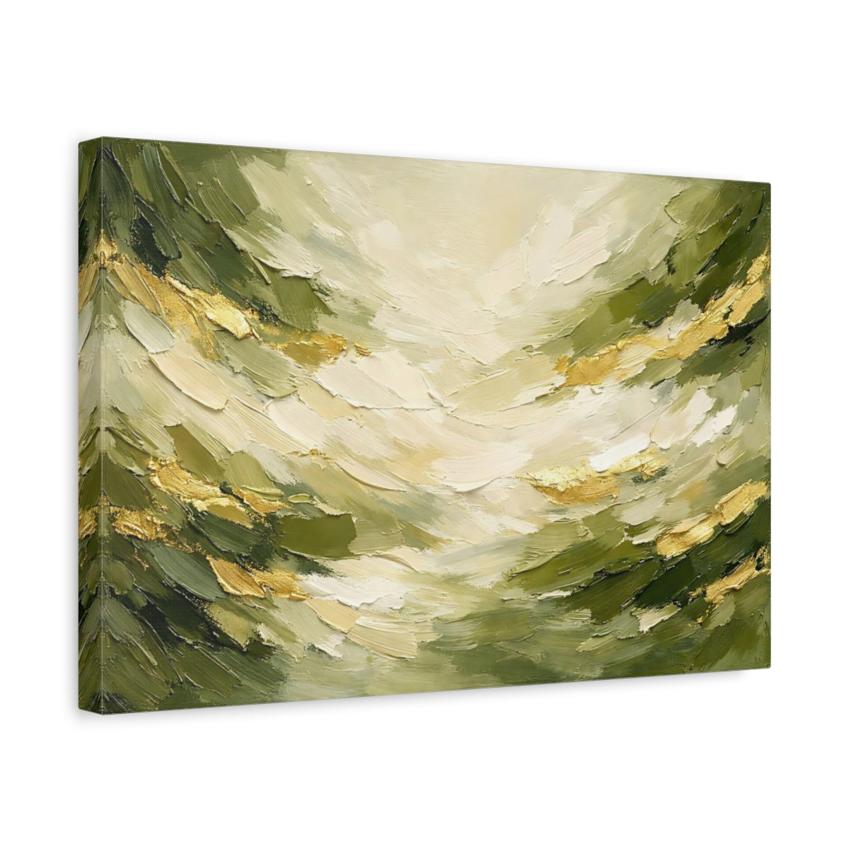 Side Mockup 4. Nature Green Landscape Green Gold Abstract shown as stretched canvas wall art