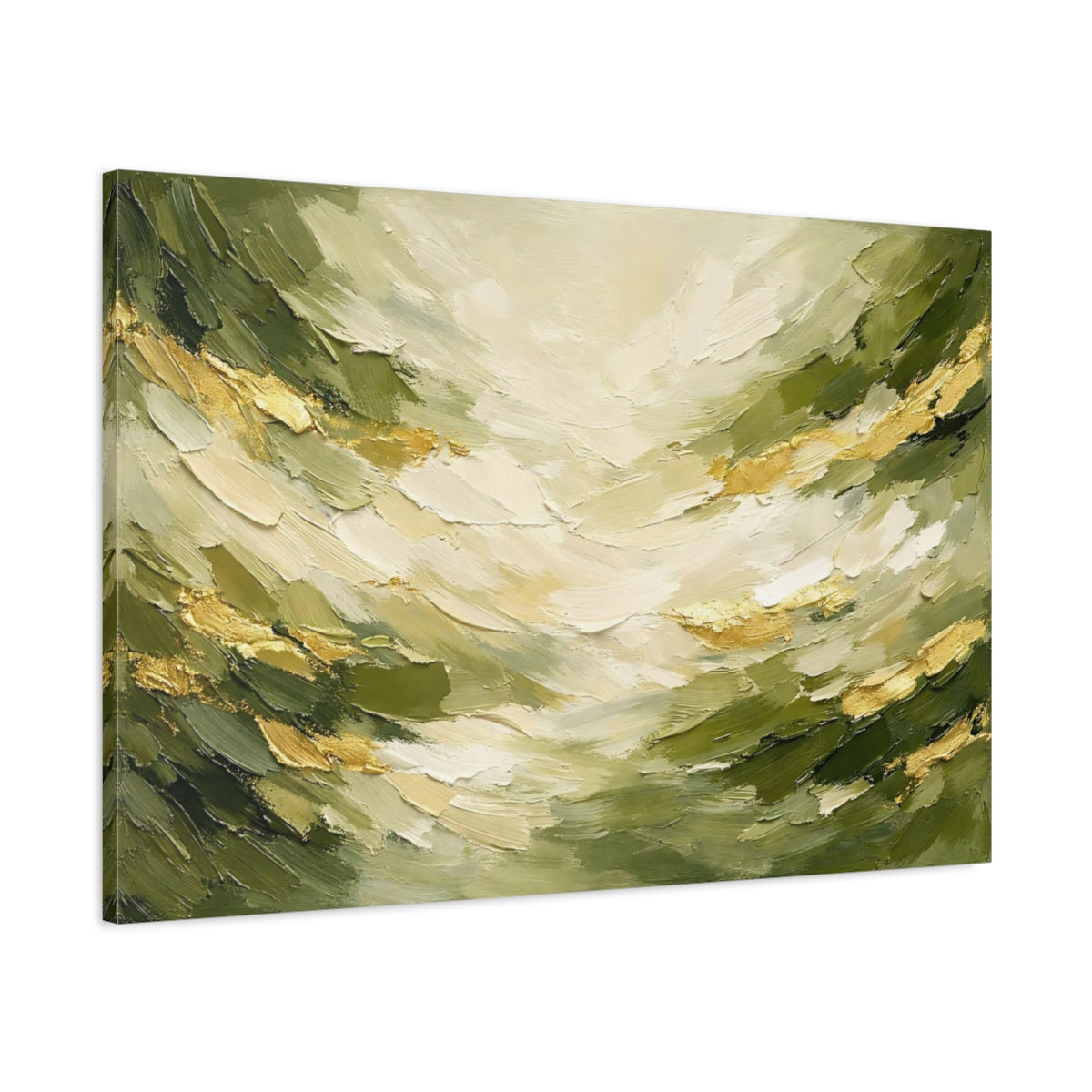 Side Mockup 1. Nature Green Landscape Green Gold Abstract shown as stretched canvas wall art