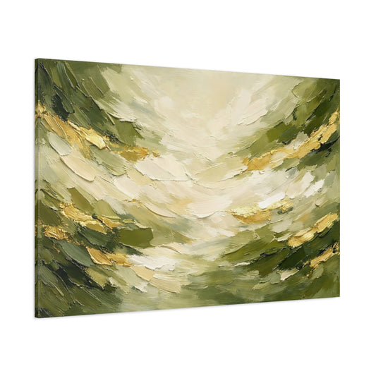 Main Mockup. Nature Green Landscape Green Gold Abstract shown as stretched canvas wall art