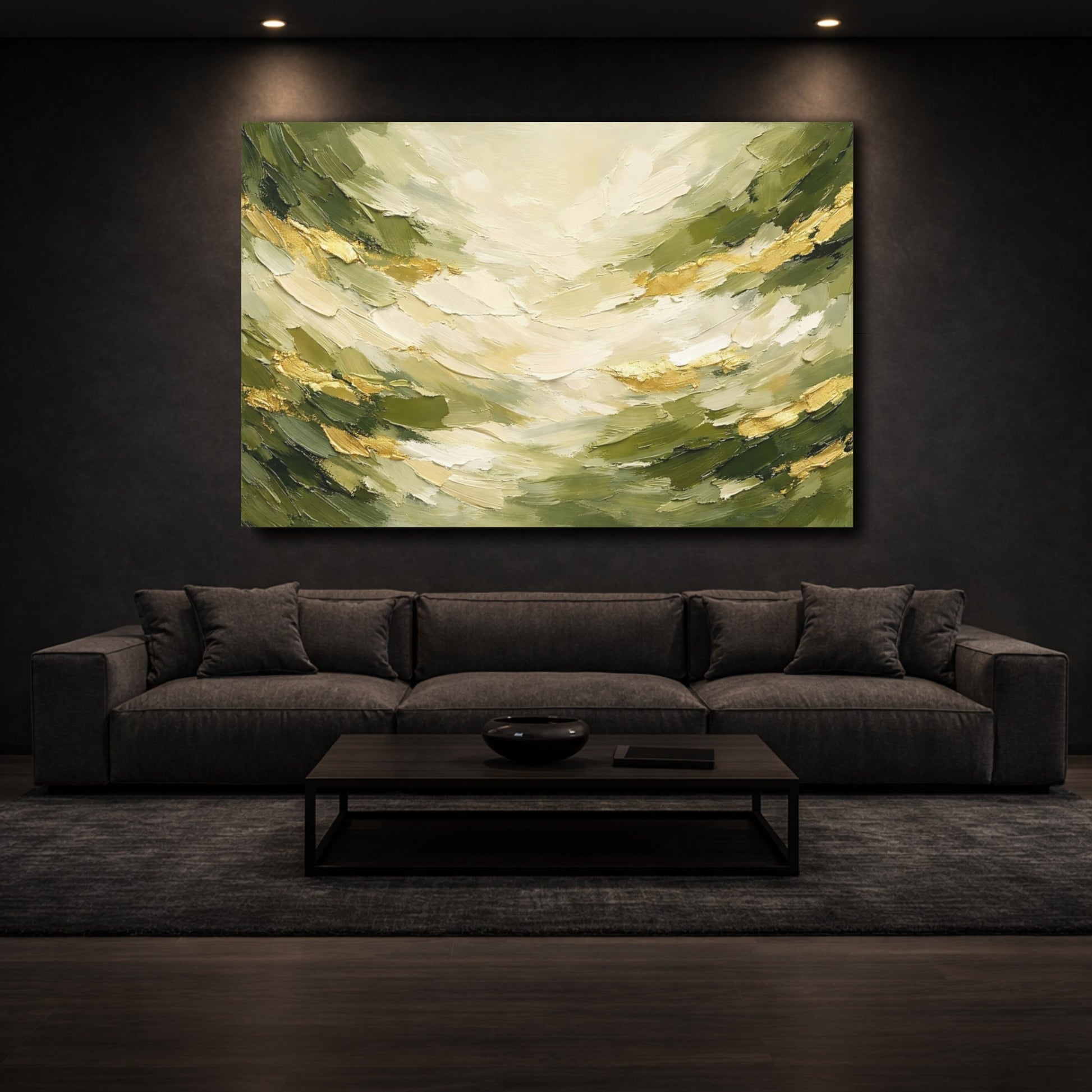 Mockup 2. Nature Green Landscape Green Gold Abstract shown as stretched canvas wall art
