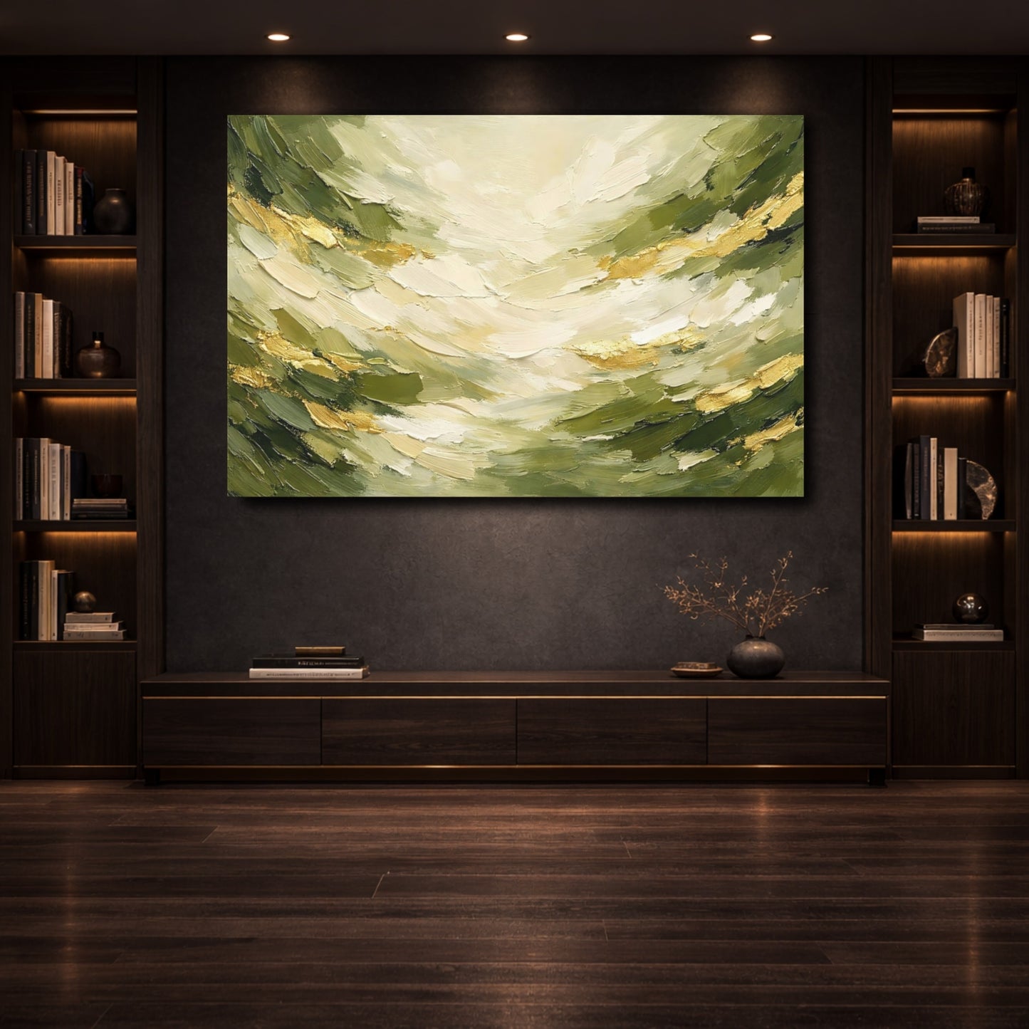 Mockup 3. Nature Green Landscape Green Gold Abstract shown as stretched canvas wall art