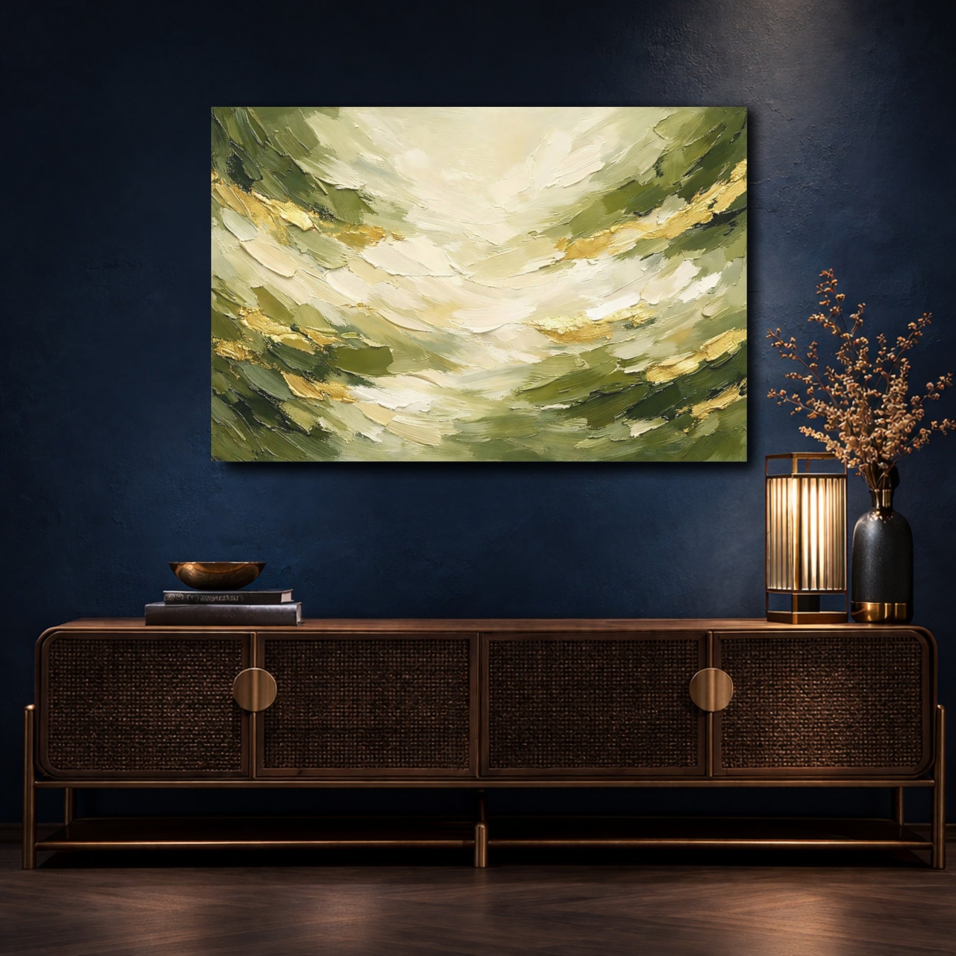 Mockup 4. Nature Green Landscape Green Gold Abstract shown as stretched canvas wall art