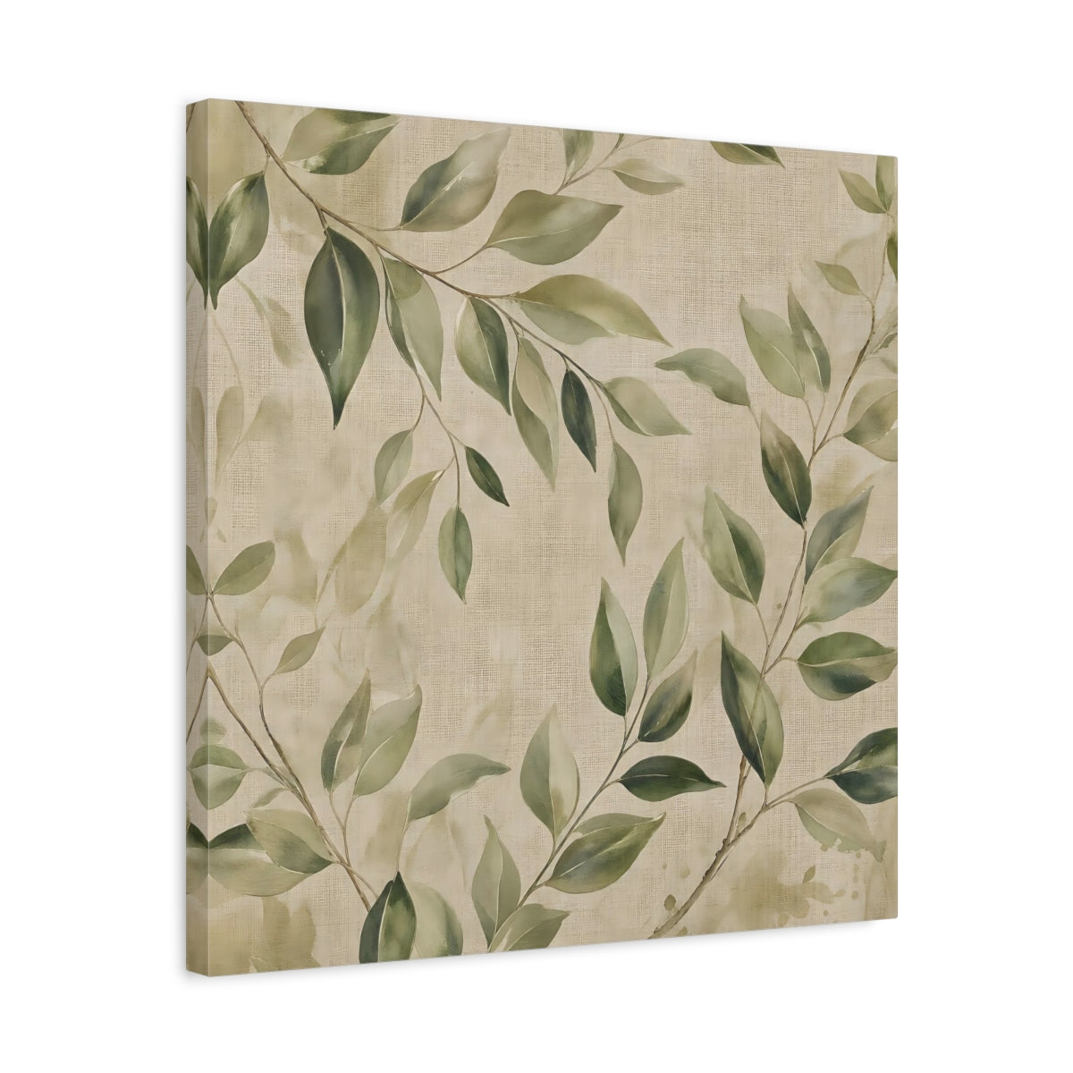 Side Mockup 5. Nature Green Leaves Green And Beige shown as stretched canvas wall art