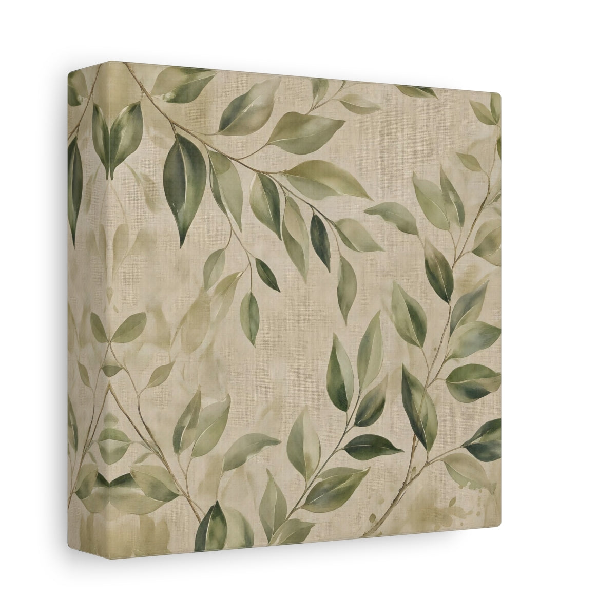 Side Mockup 2. Nature Green Leaves Green And Beige shown as stretched canvas wall art