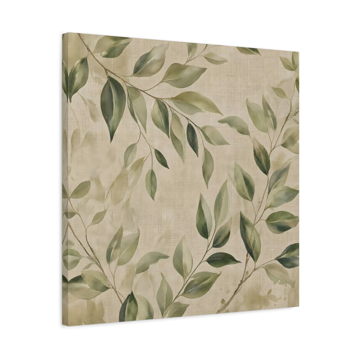 Side Mockup 4. Nature Green Leaves Green And Beige shown as stretched canvas wall art