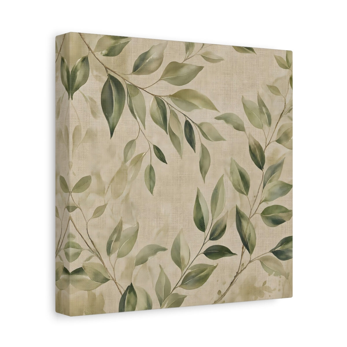 Side Mockup 9. Nature Green Leaves Green And Beige shown as stretched canvas wall art
