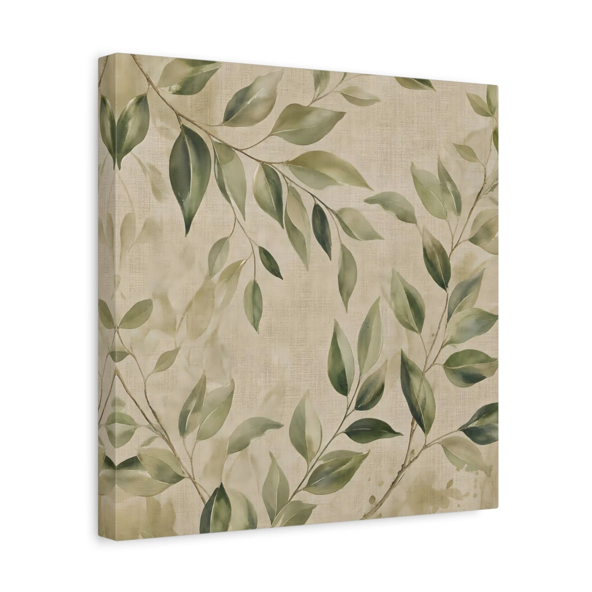 Side Mockup 7. Nature Green Leaves Green And Beige shown as stretched canvas wall art