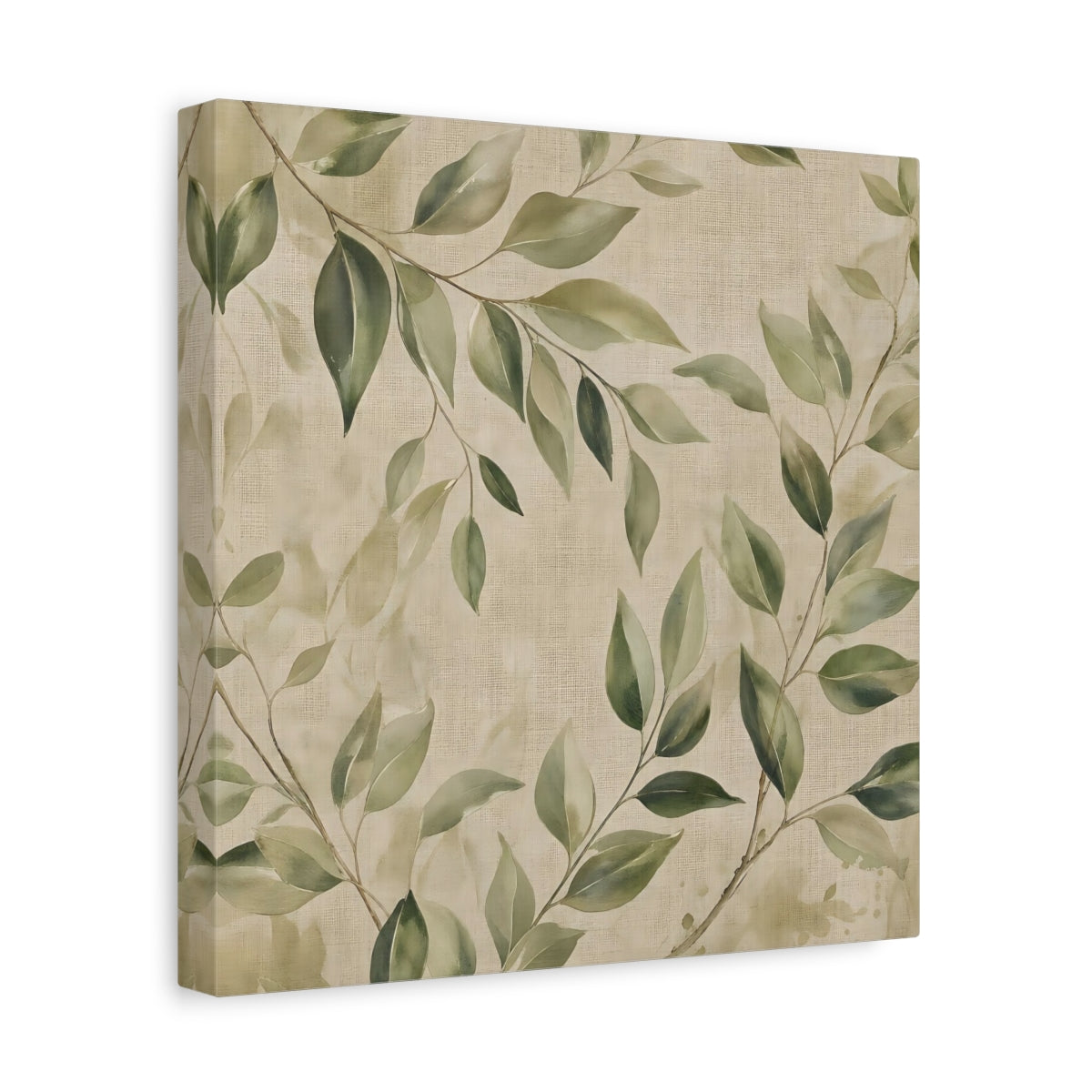 Side Mockup 8. Nature Green Leaves Green And Beige shown as stretched canvas wall art