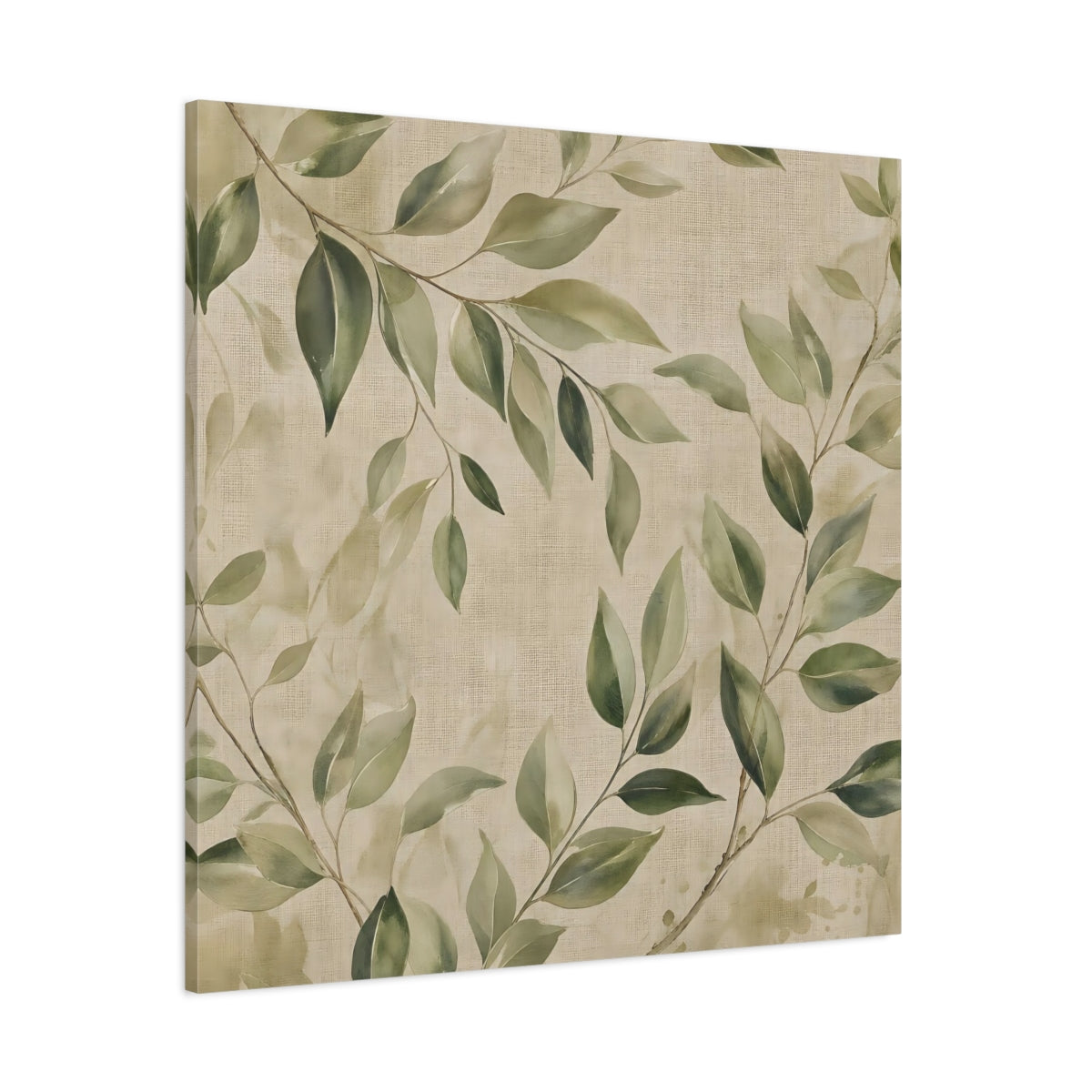Side Mockup 1. Nature Green Leaves Green And Beige shown as stretched canvas wall art