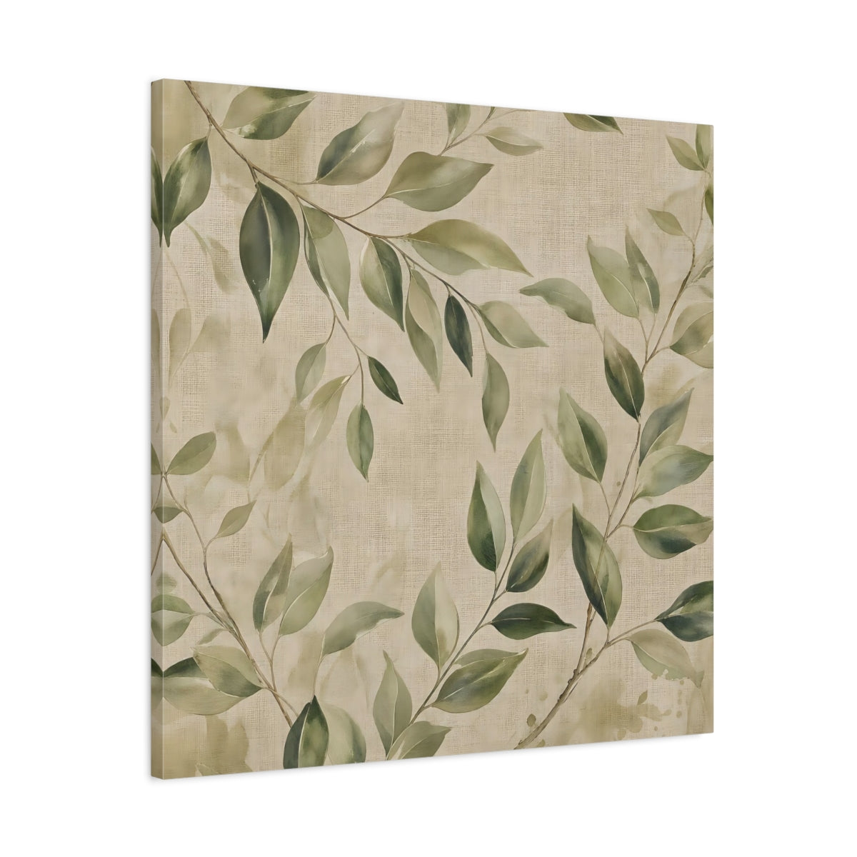 Side Mockup 3. Nature Green Leaves Green And Beige shown as stretched canvas wall art