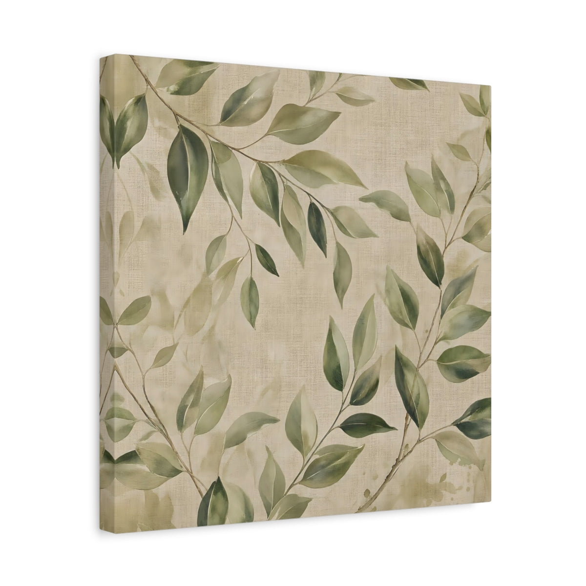 Side Mockup 6. Nature Green Leaves Green And Beige shown as stretched canvas wall art
