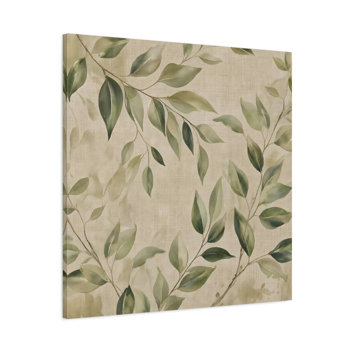 Main Mockup. Nature Green Leaves Green And Beige shown as stretched canvas wall art
