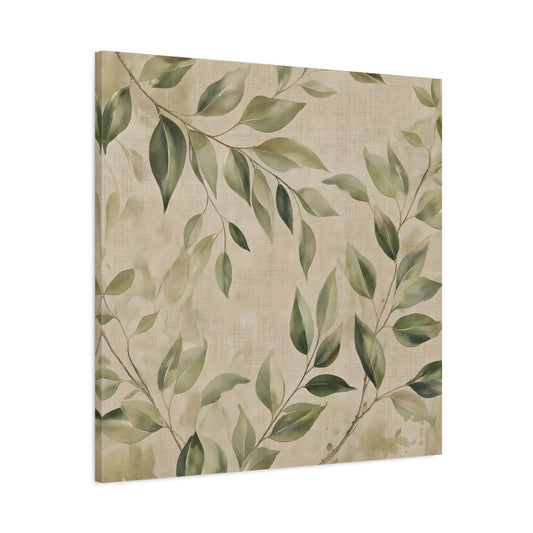 Main Mockup. Nature Green Leaves Green And Beige shown as stretched canvas wall art