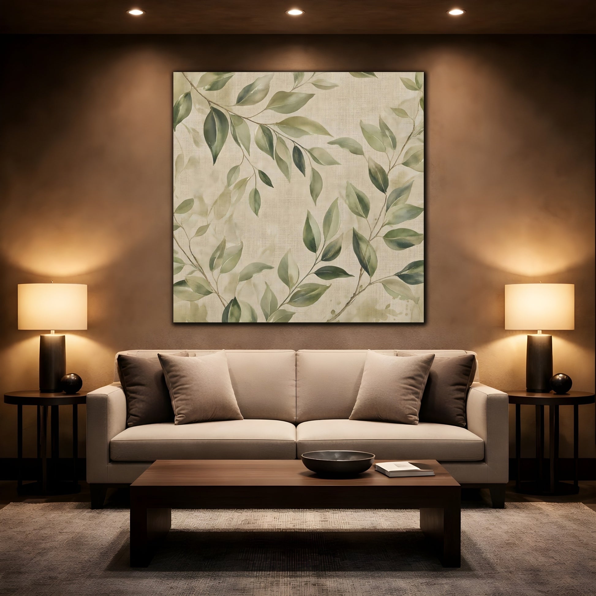 Mockup 2. Nature Green Leaves Green And Beige shown as stretched canvas wall art