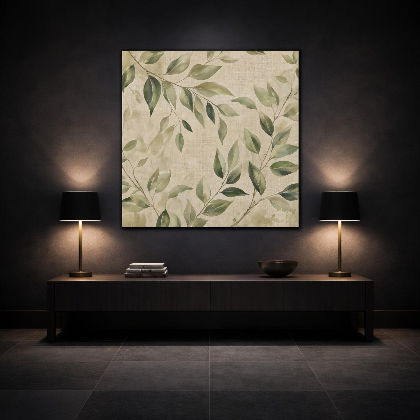 Mockup 3. Nature Green Leaves Green And Beige shown as stretched canvas wall art